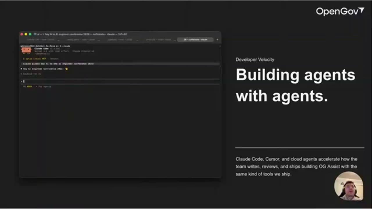 Slide Developer Velocity: Building agents with agents, với cửa sổ terminal chạy Claude Code