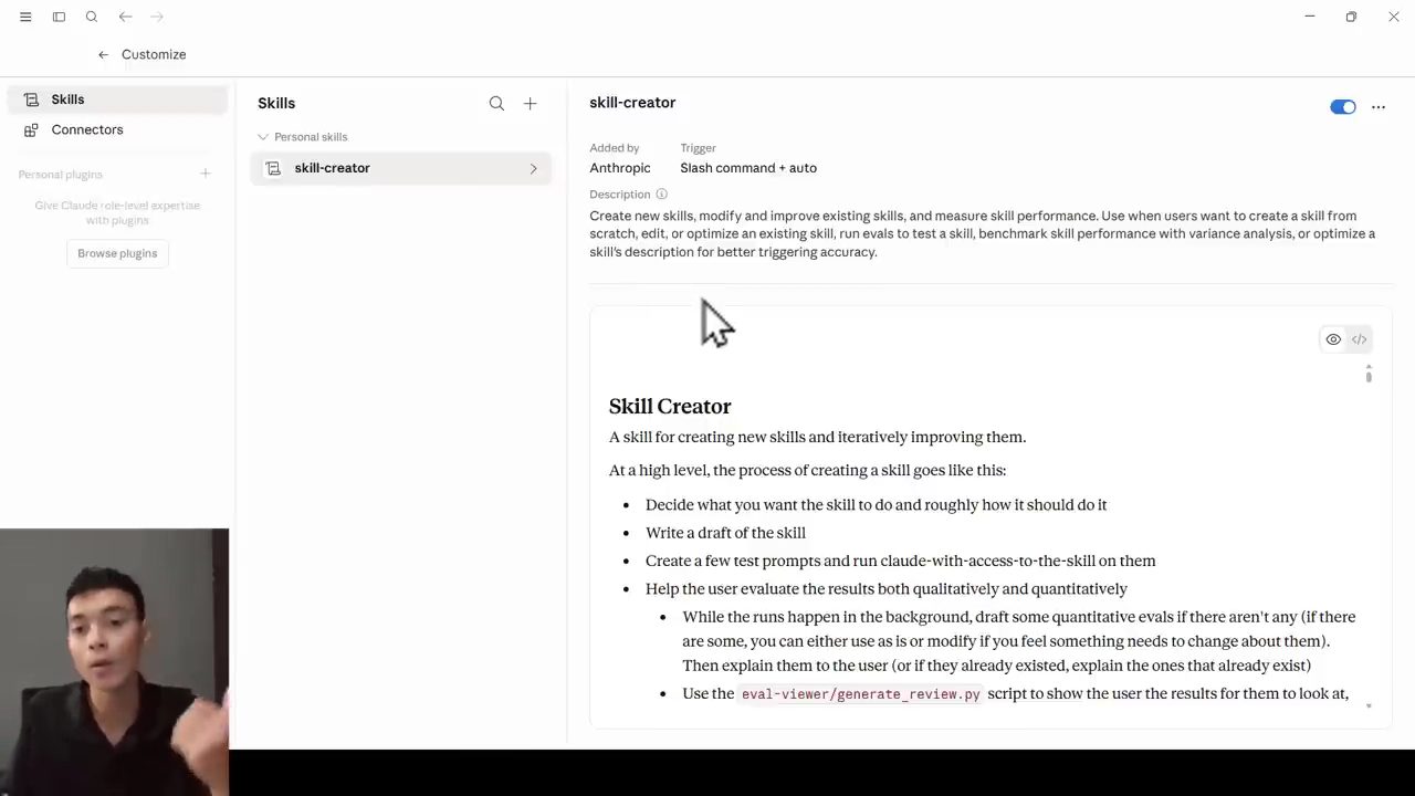 Trang Customize, mục Skills, đang mở skill-creator do Anthropic thêm
