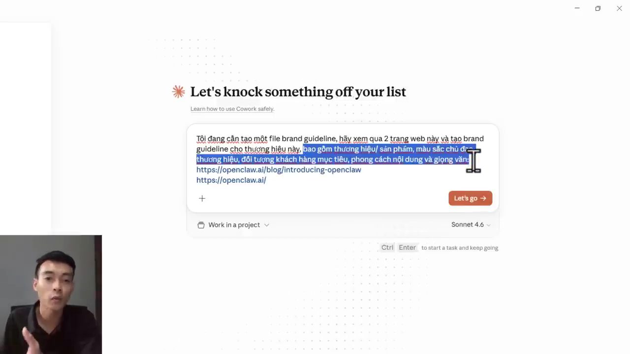 Ô chat Cowork với prompt yêu cầu tạo brand guideline từ hai trang web OpenClaw