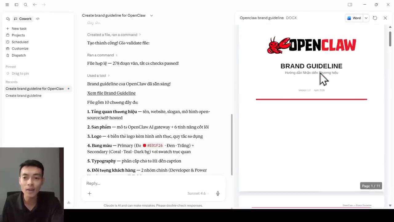 Kết quả Cowork: file brand guideline OpenClaw dạng DOCX 11 trang, bên trái là danh sách 10 chương