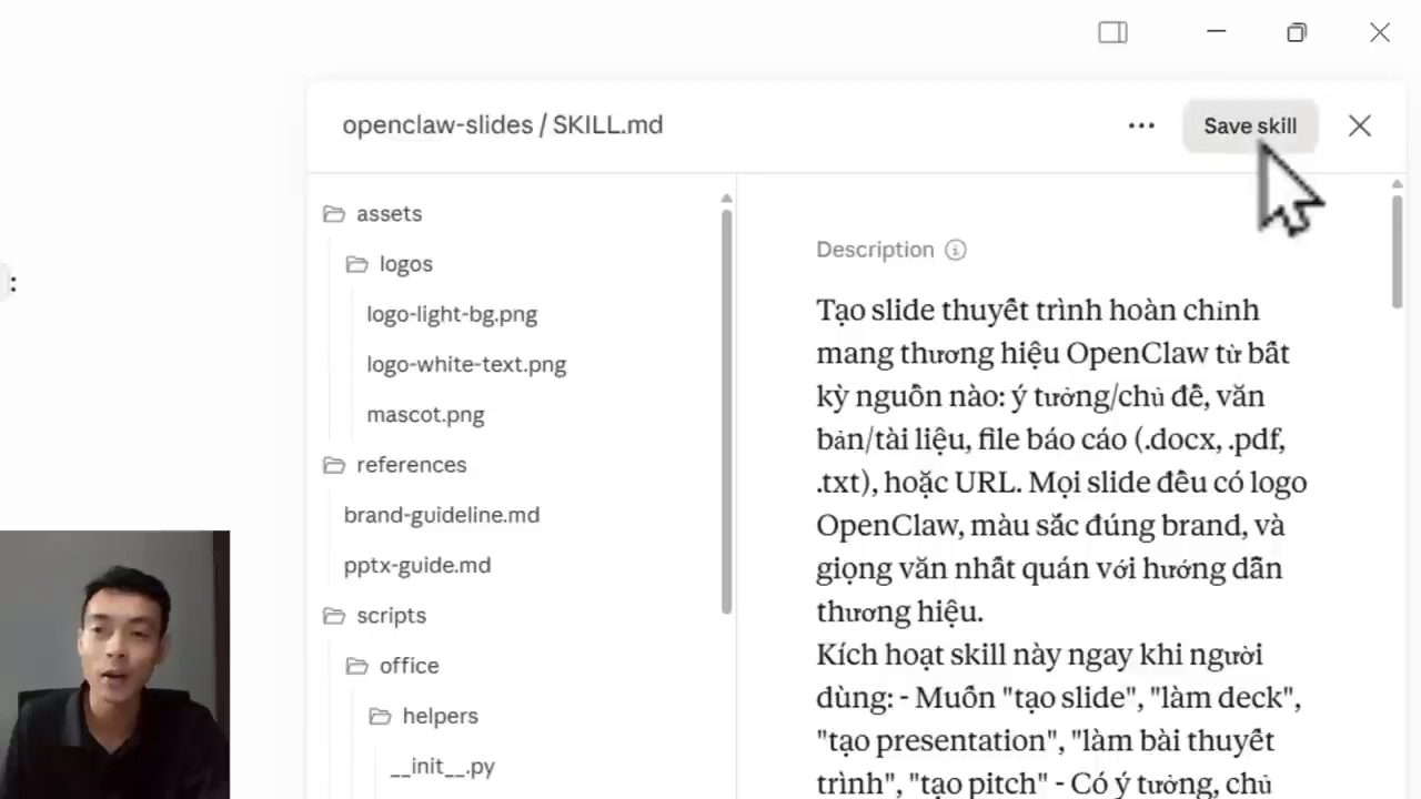 Cửa sổ openclaw-slides / SKILL.md với cây thư mục assets, references, scripts và nút Save skill