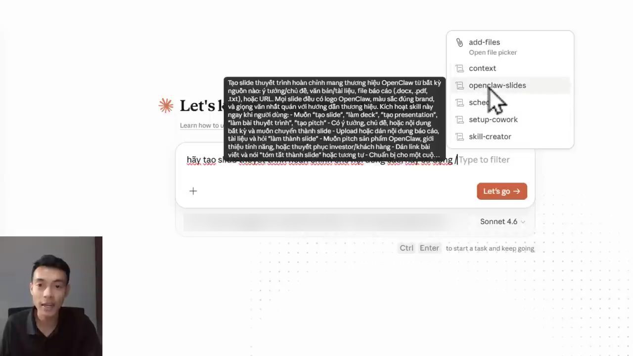 Gõ dấu gạch chéo trong ô chat, menu hiện các skill gồm openclaw-slides, kèm hộp mô tả skill