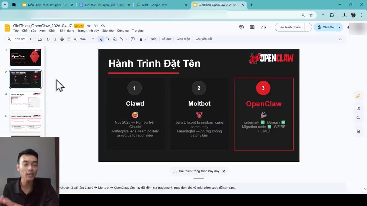 Slide Hành Trình Đặt Tên nền đen với ba card Clawd, Moltbot, OpenClaw mở trong trình chỉnh sửa slide trên trình duyệt