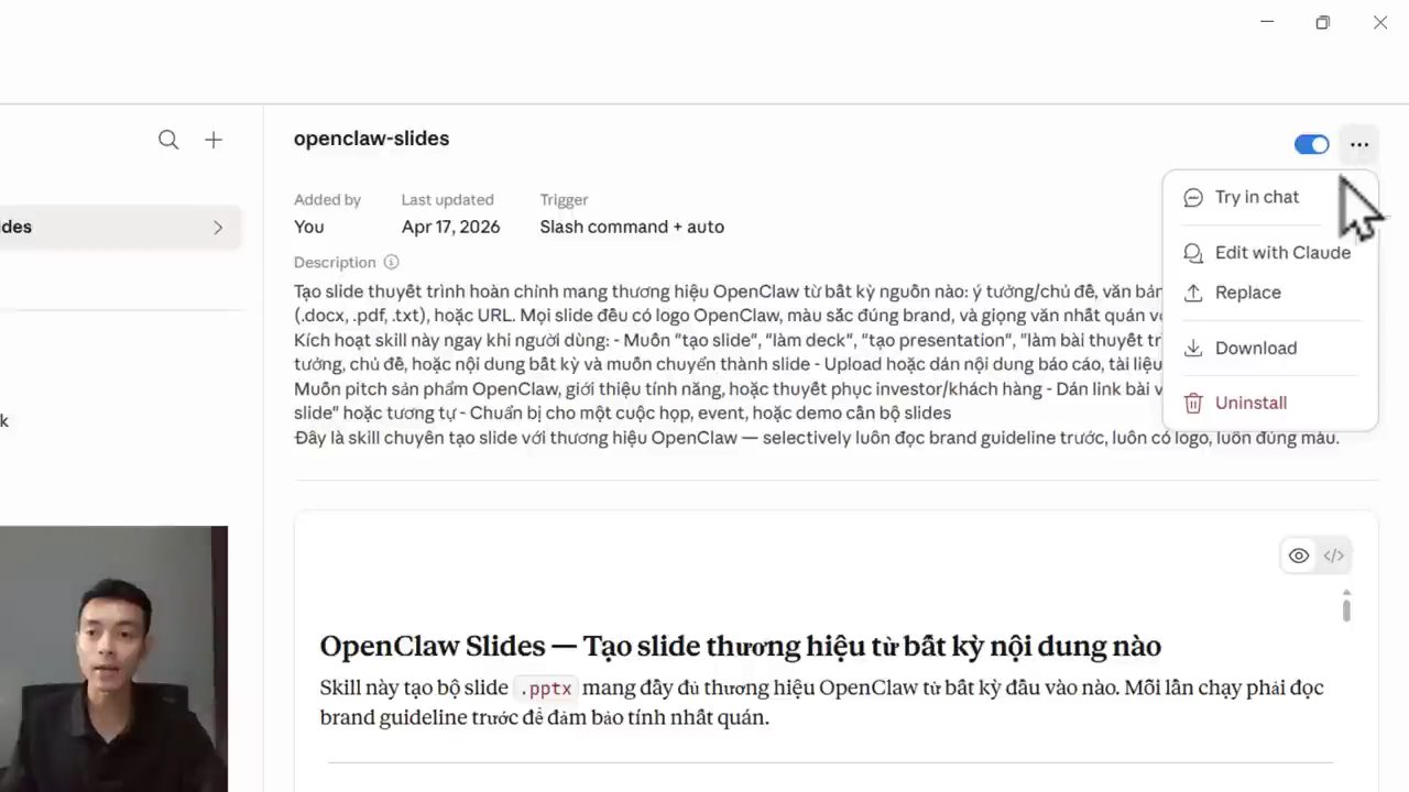 Trang chi tiết skill openclaw-slides với menu ba chấm: Try in chat, Edit with Claude, Replace, Download, Uninstall