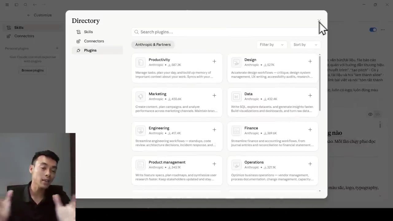 Cửa sổ Directory của Claude, tab Plugins, liệt kê các plugin của Anthropic và đối tác