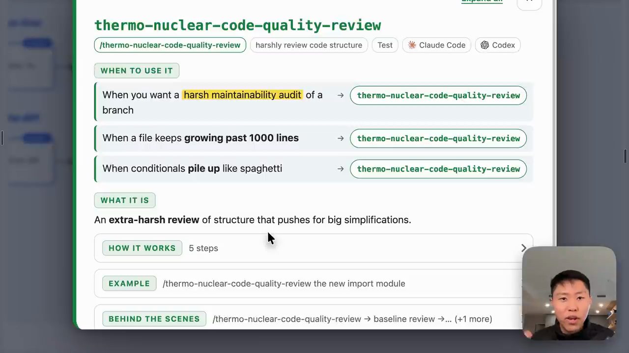 Trang mô tả thermo-nuclear-code-quality-review: harsh maintainability audit, file quá 1000 dòng, conditionals pile up like spaghetti