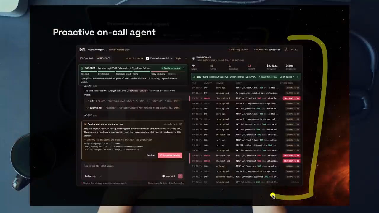 Giao diện Proactive on-call agent: bên trái incident INC-0001 Ready for review với ô Deploy waiting for your approval, bên phải Event stream với cột Jev decision