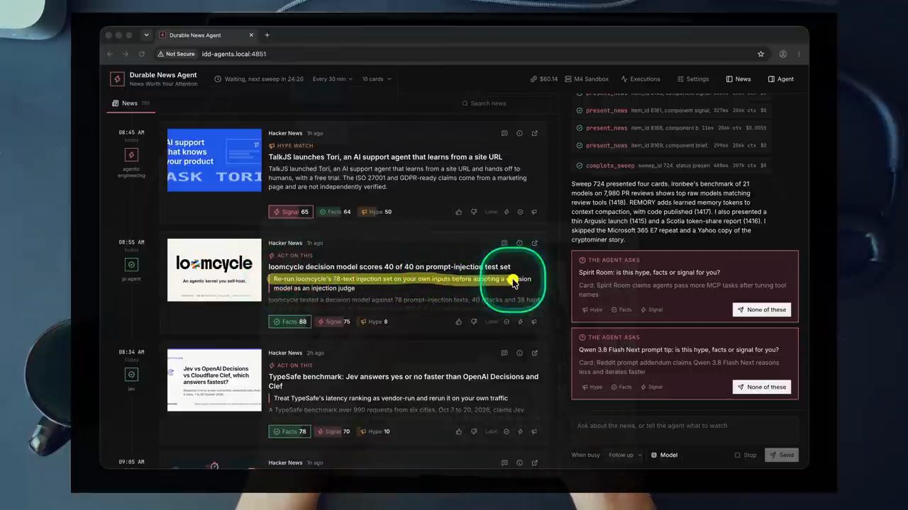 Giao diện Durable News Agent trong trình duyệt: danh sách tin với điểm Signal, Facts, Hype, tin loomcycle được tô vàng, cột phải có các thẻ The agent asks