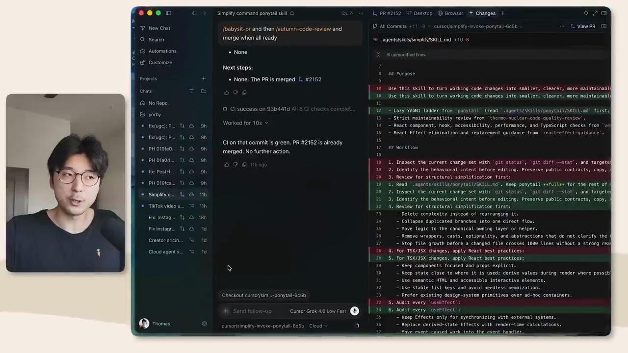 Danh sách cloud agent trong Cursor, một PR đã merge và diff của file SKILL.md