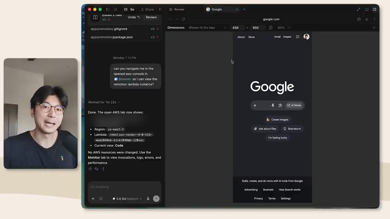 App Codex với cửa sổ chat bên trái và browser bên phải ở chế độ device toolbar, kích thước iPhone 15 Pro Max