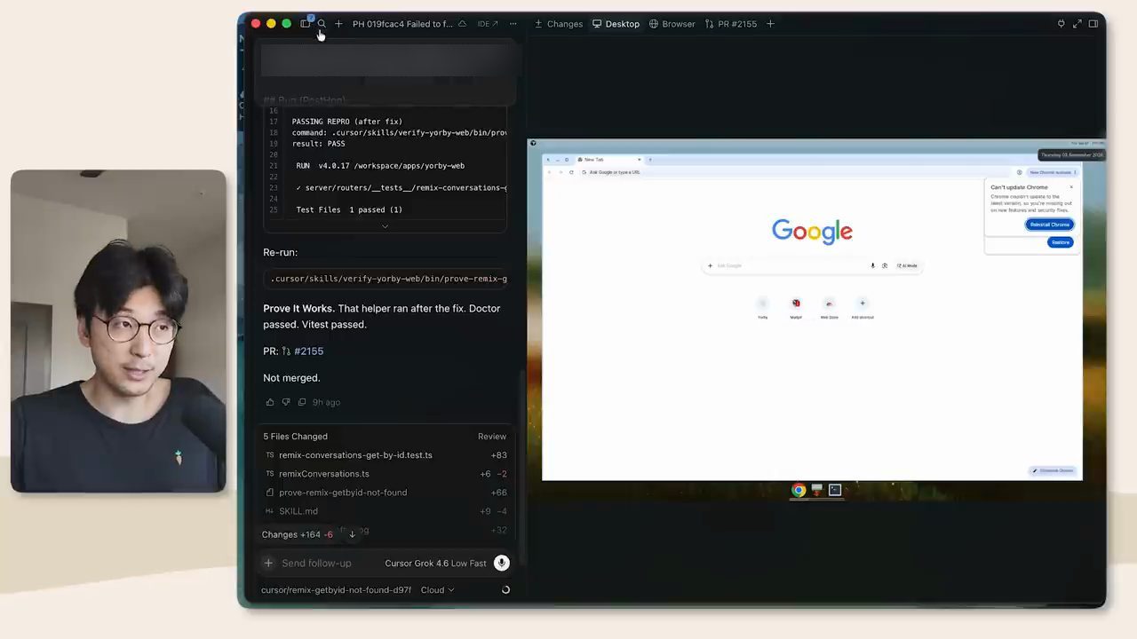 Cloud agent của Cursor báo Prove It Works sau khi chạy lệnh kiểm chứng, bên phải là desktop máy ảo