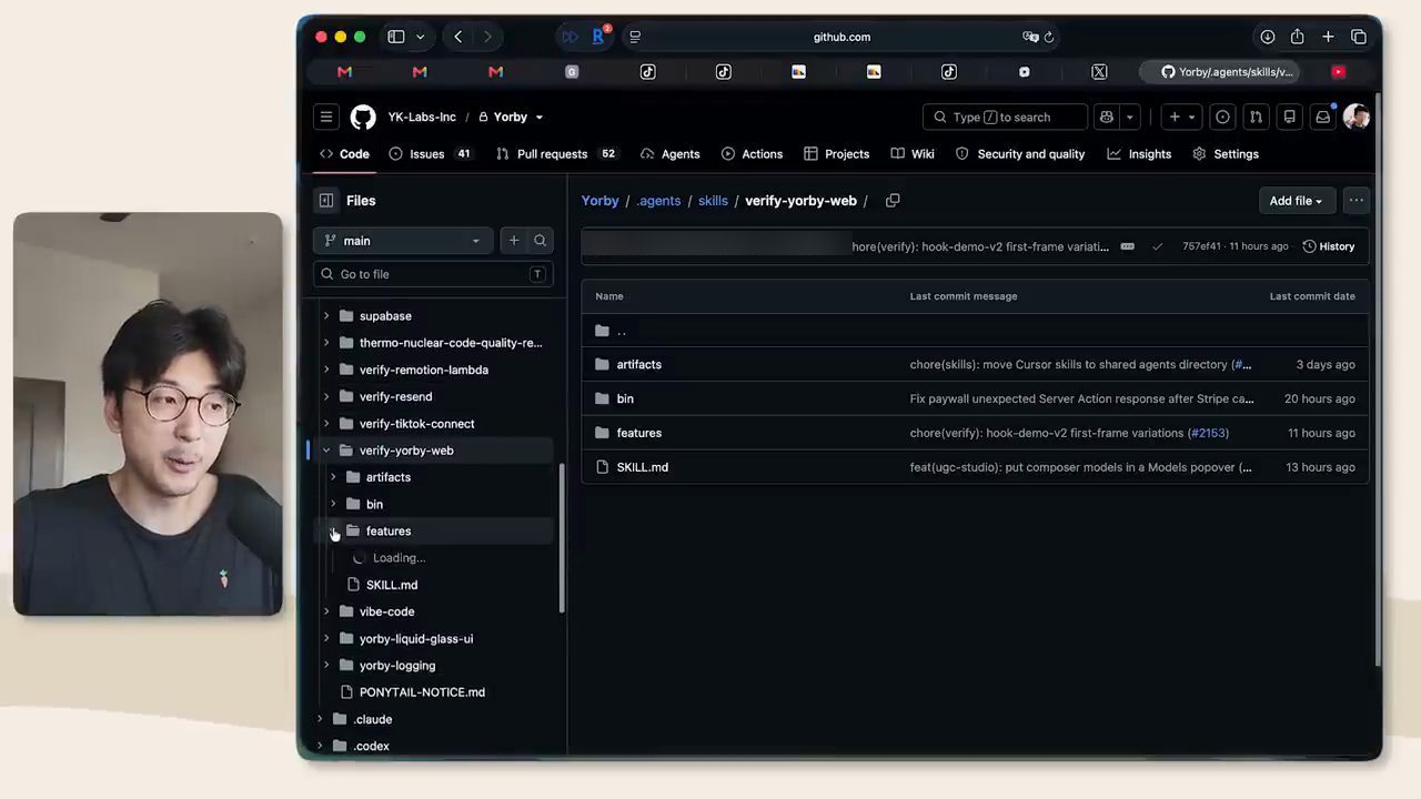 Repo Yorby trên GitHub, thư mục .agents/skills/verify-yorby-web với artifacts, bin, features và SKILL.md