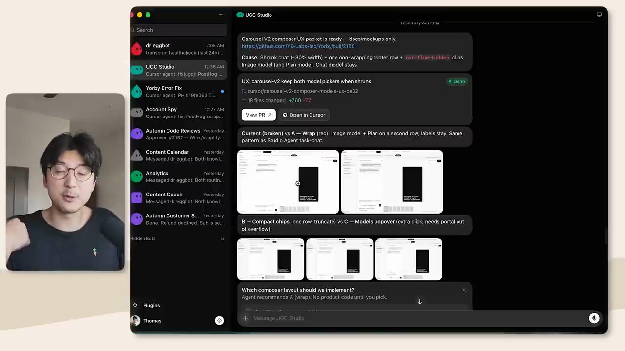 Khung chat của bot UGC Studio với nguyên nhân bug, PR và ảnh so sánh các phương án