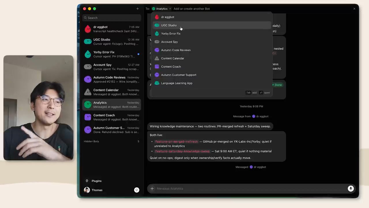 App Grok Bot với danh sách bot theo feature của Yorby và một tin nhắn về knowledge maintenance