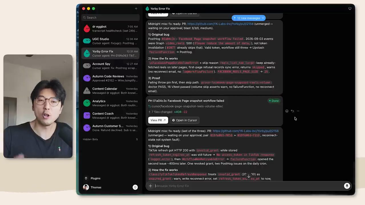 Khung chat bot Yorby Error Fix với hai bản sửa lỗi lúc nửa đêm, mỗi bản có bug gốc, cách sửa và bằng chứng