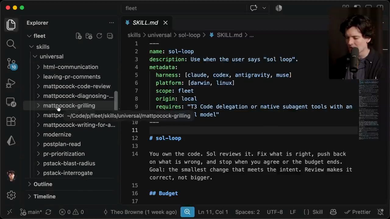 VS Code mở repo fleet, cây thư mục skills/universal và file SKILL.md của sol-loop