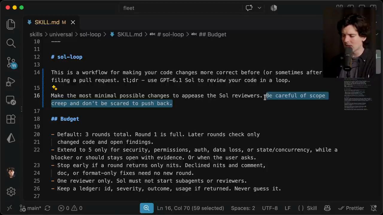 SKILL.md của sol-loop sau khi Theo viết lại, câu Be careful of scope creep được bôi chọn
