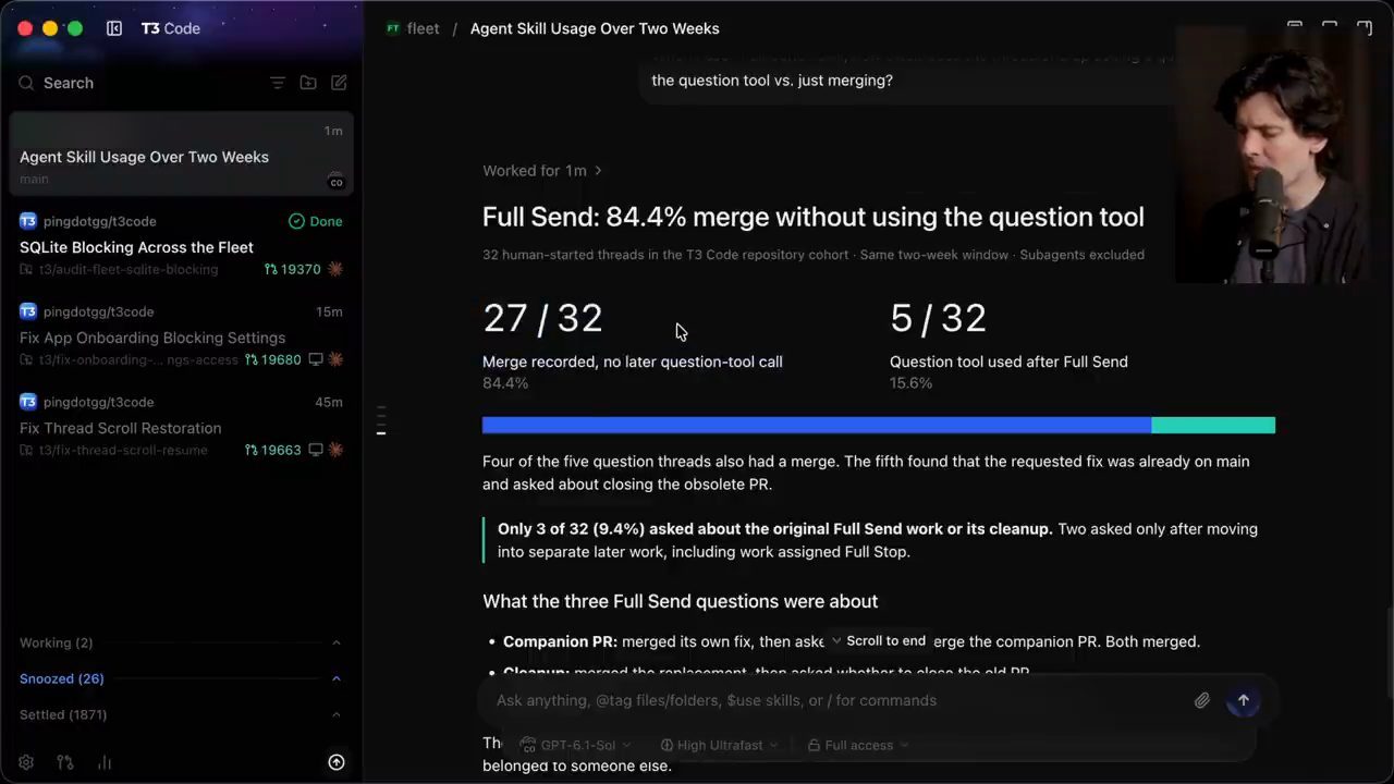 Bảng Full Send: 84.4% merge without using the question tool, 27/32 và 5/32