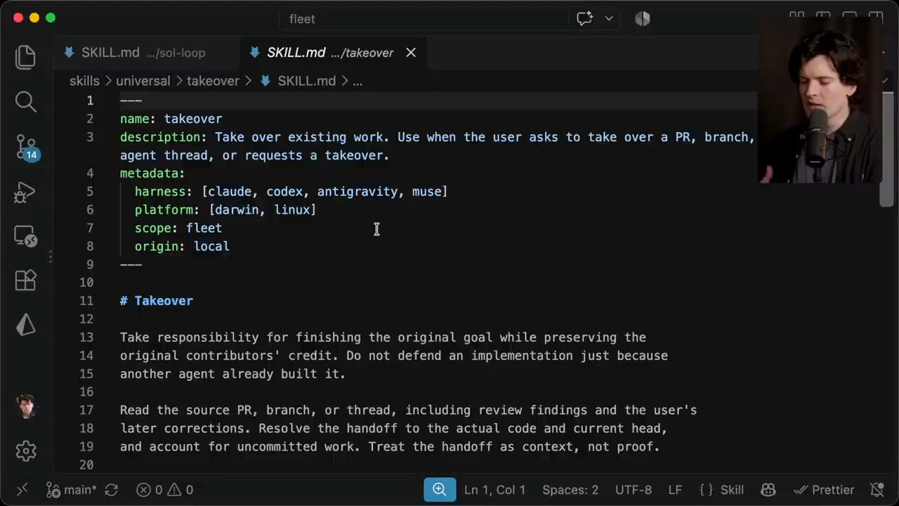 SKILL.md của takeover với description và phần Takeover