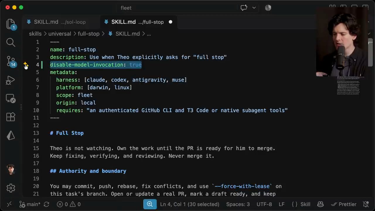 SKILL.md của full-stop với dòng disable-model-invocation: true được bôi chọn