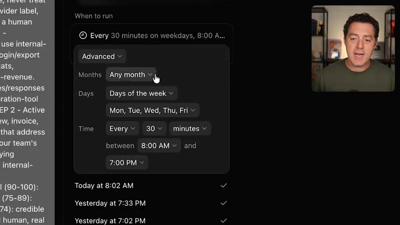 Cài đặt lịch chạy routine: mỗi 30 phút, thứ Hai tới thứ Sáu, từ 8:00 sáng tới 7:00 tối