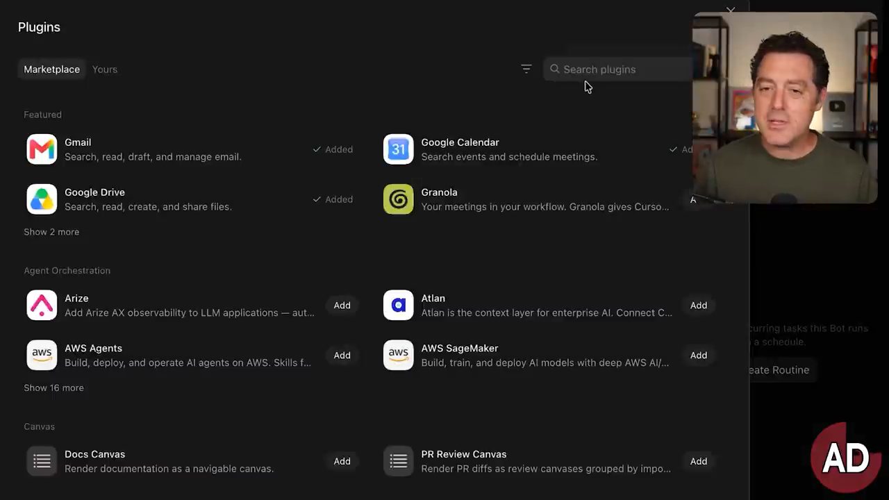 Trang Plugins của Grok Bot với mục Marketplace, các plugin Gmail, Google Calendar, Google Drive, Granola