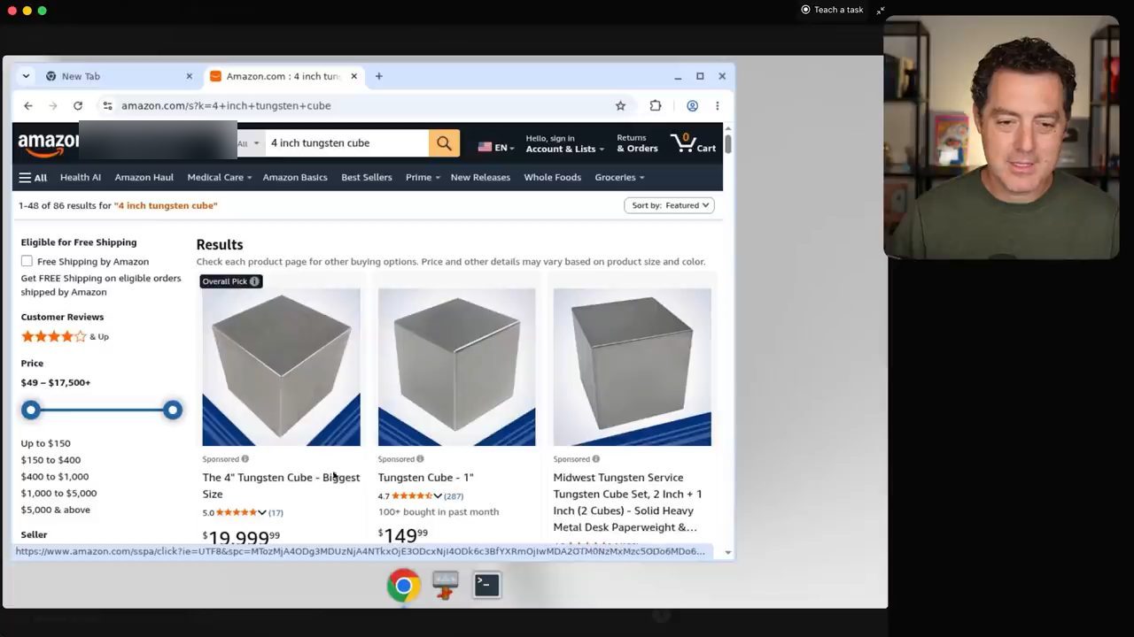 Trang kết quả Amazon cho từ khoá 4 inch tungsten cube trong browser của bot