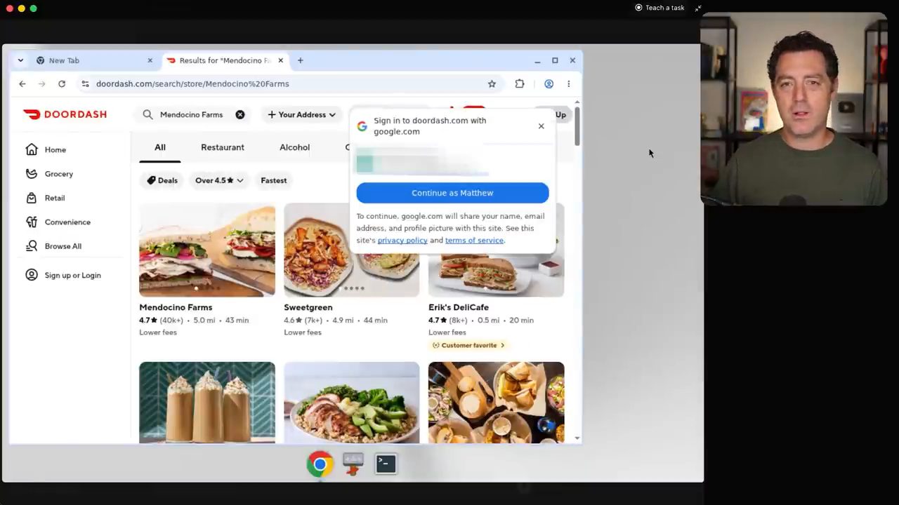 Browser của bot mở trang tìm kiếm DoorDash cho Mendocino Farms