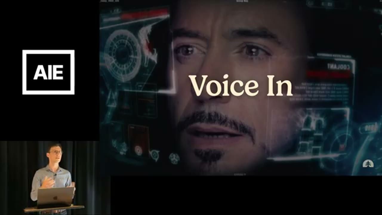 Slide Voice In trên nền một nhân vật điện ảnh nói chuyện với trợ lý AI qua màn hình hologram