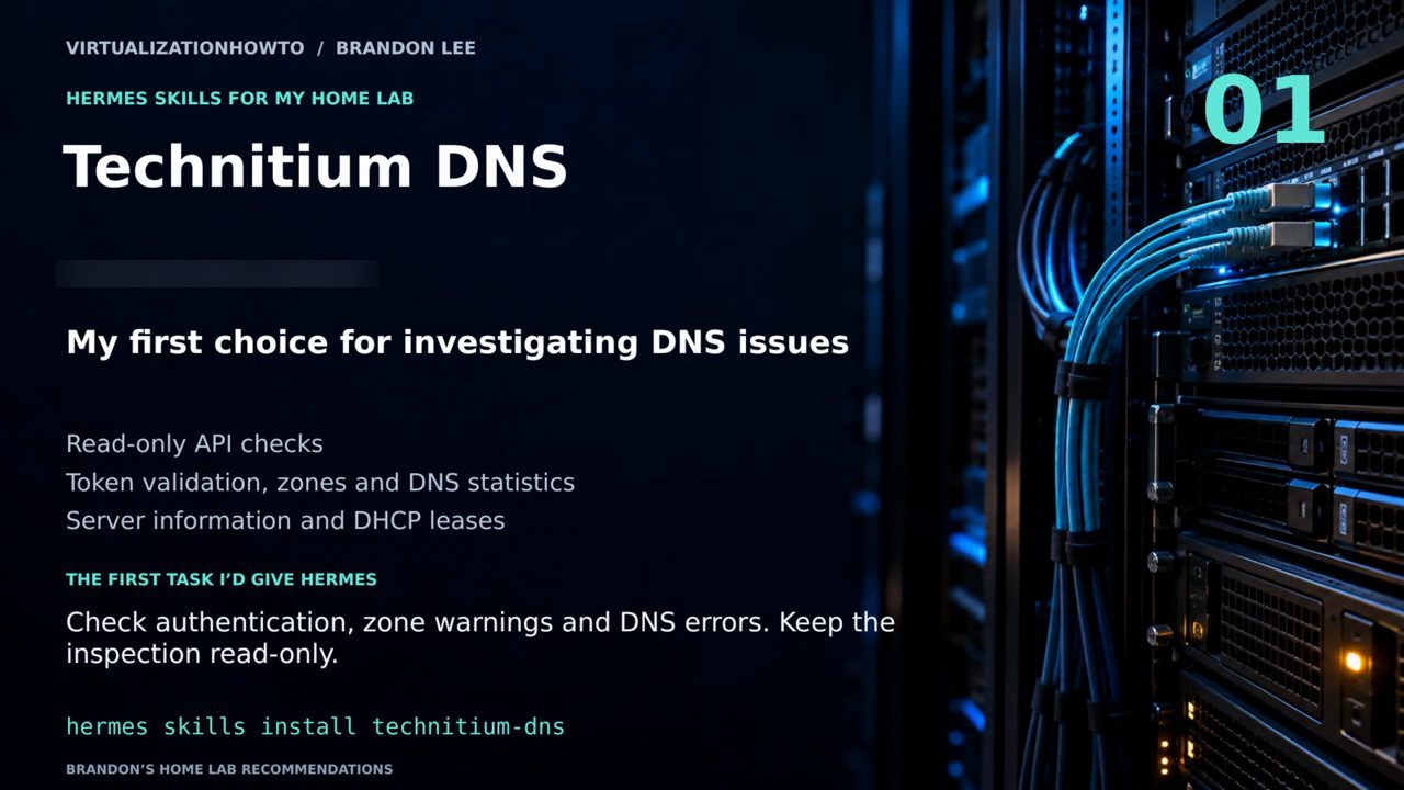 Slide số 01 Technitium DNS: read-only API checks, việc đầu tiên giao cho Hermes và lệnh cài
