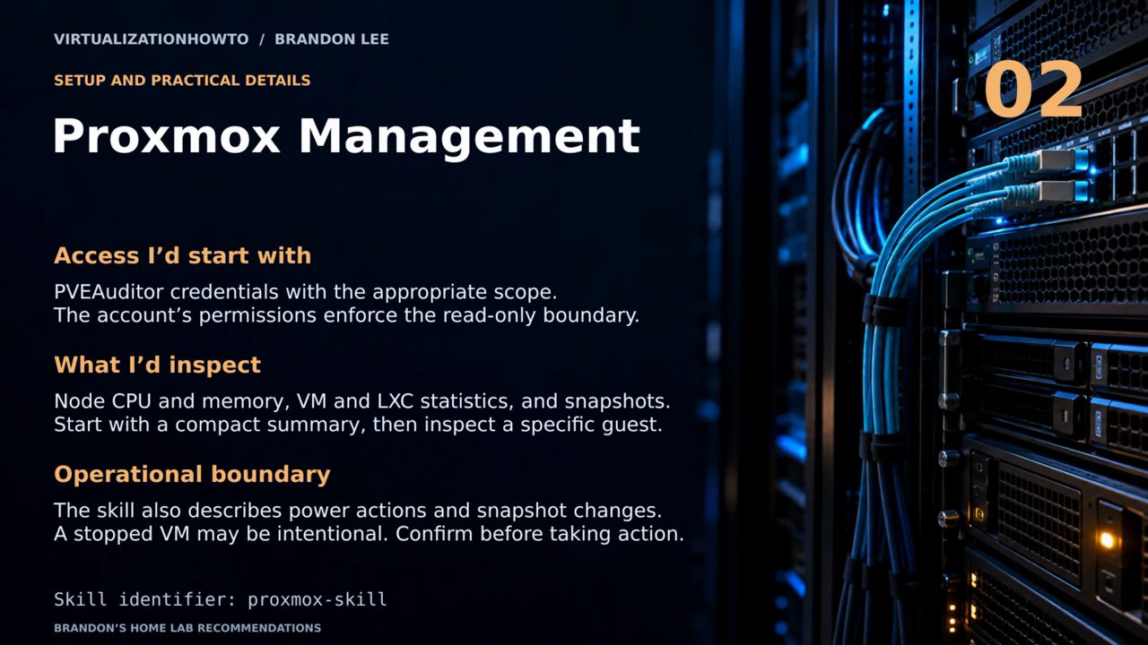 Slide số 02 Proxmox Management, phần setup: quyền PVEAuditor, những gì sẽ kiểm tra và ranh giới vận hành