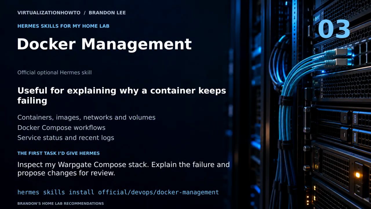 Slide số 03 Docker Management: official optional Hermes skill, các phạm vi và việc đầu tiên giao cho Hermes