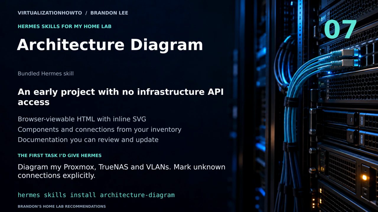 Slide số 07 Architecture Diagram: bundled Hermes skill, đầu ra HTML với inline SVG và việc đầu tiên giao cho Hermes