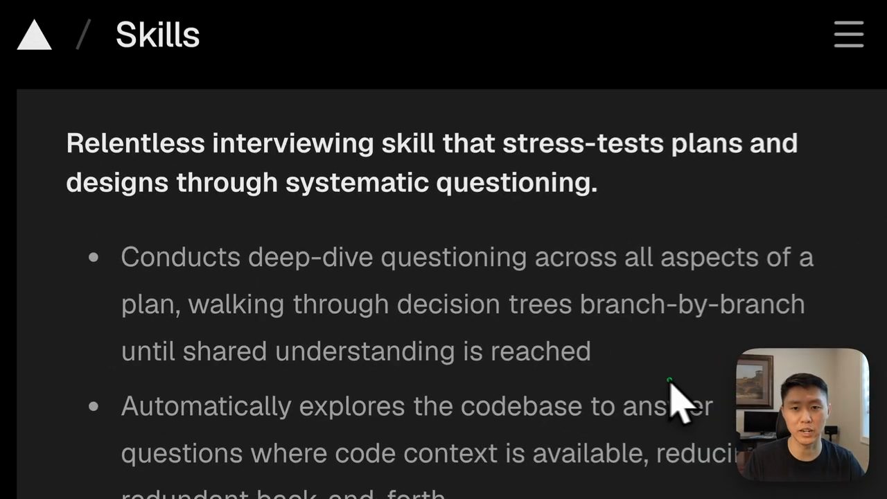 Trang mô tả skill grill-me: Relentless interviewing skill that stress-tests plans and designs through systematic questioning