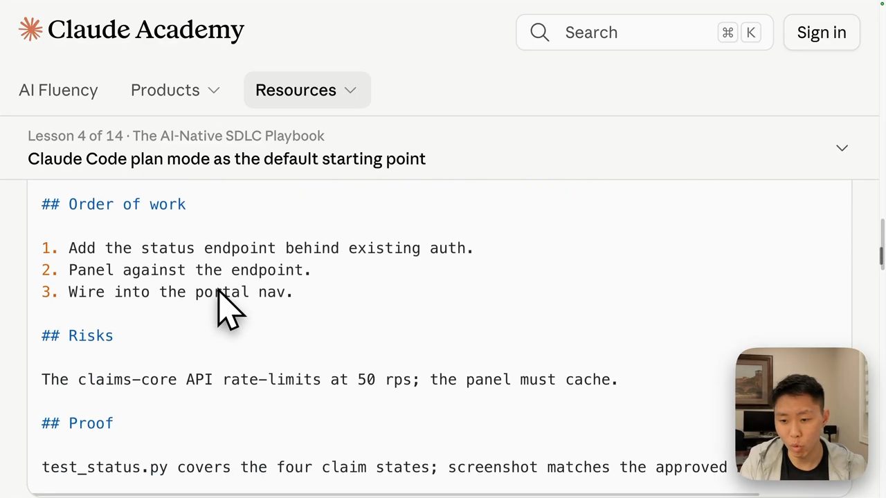 Lesson 4 of 14 Claude Code plan mode as the default starting point: Order of work, Risks, Proof