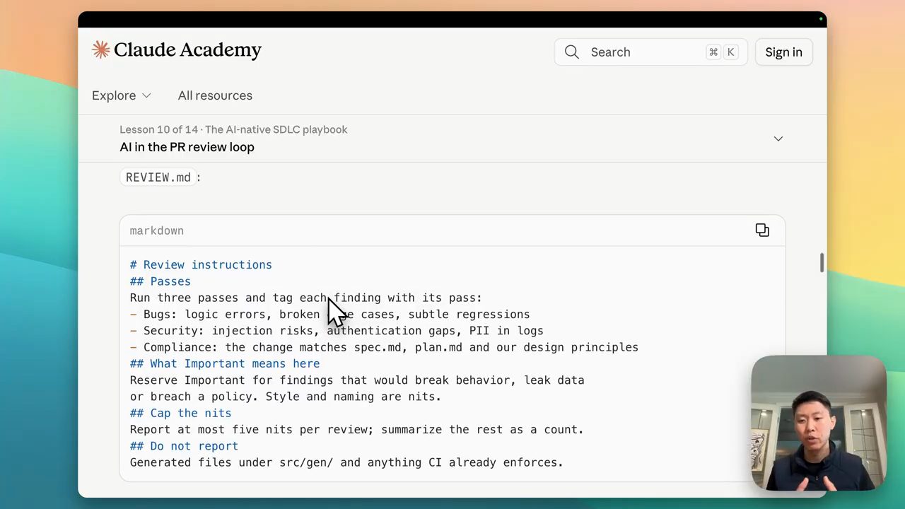 Lesson 10 of 14 AI in the PR review loop, nội dung REVIEW.md