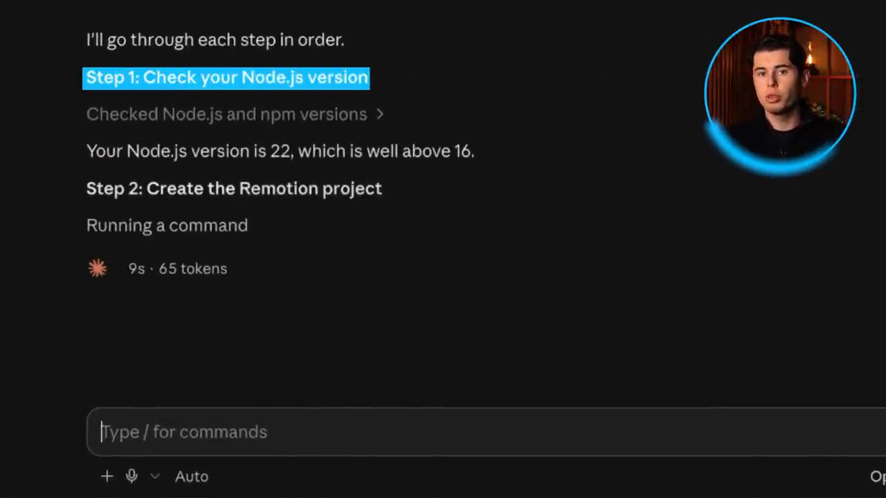 Claude Code trong app Claude Desktop đang chạy prompt setup: Step 1 kiểm tra Node.js, Step 2 tạo Remotion project