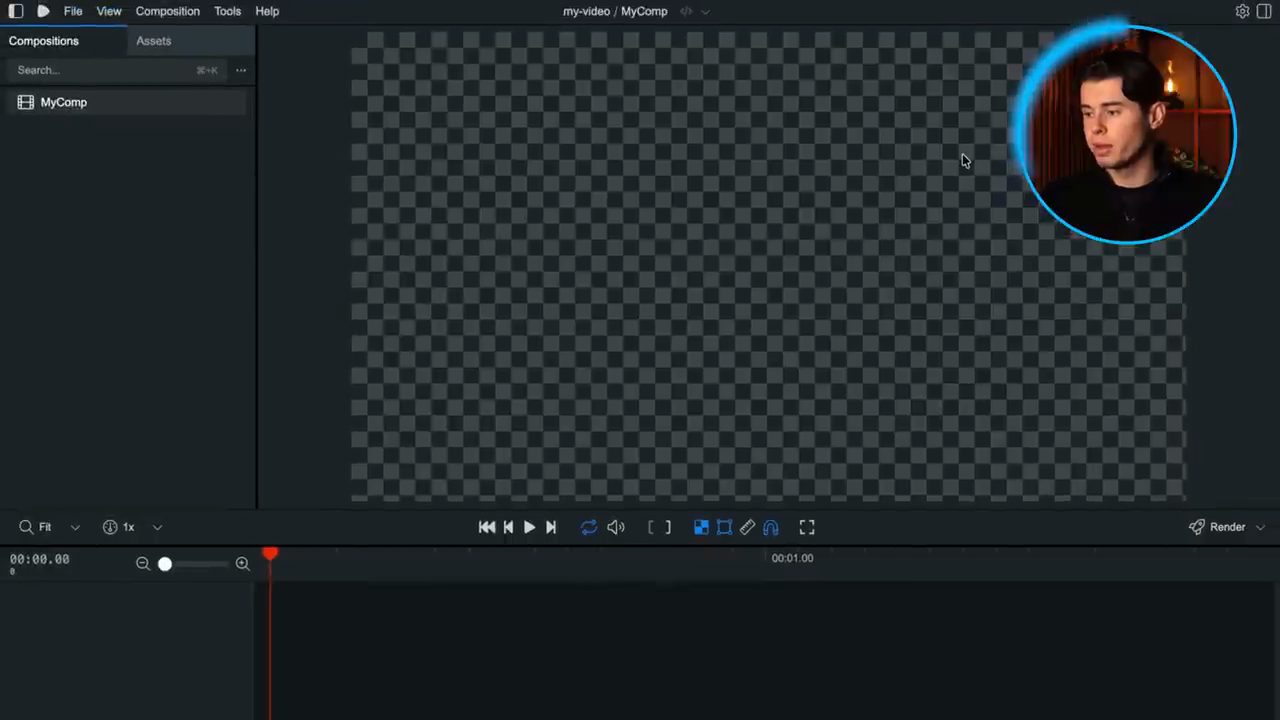 Remotion Studio mới mở: danh sách Compositions bên trái chỉ có MyComp, khung preview là nền ô bàn cờ trống