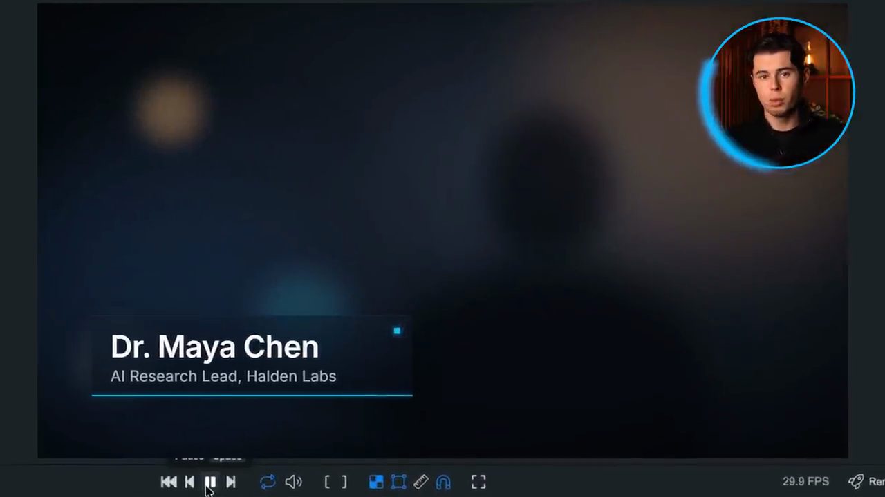 Bản LowerThird đầu tiên: thẻ tên Dr. Maya Chen trên nền mờ có bóng người