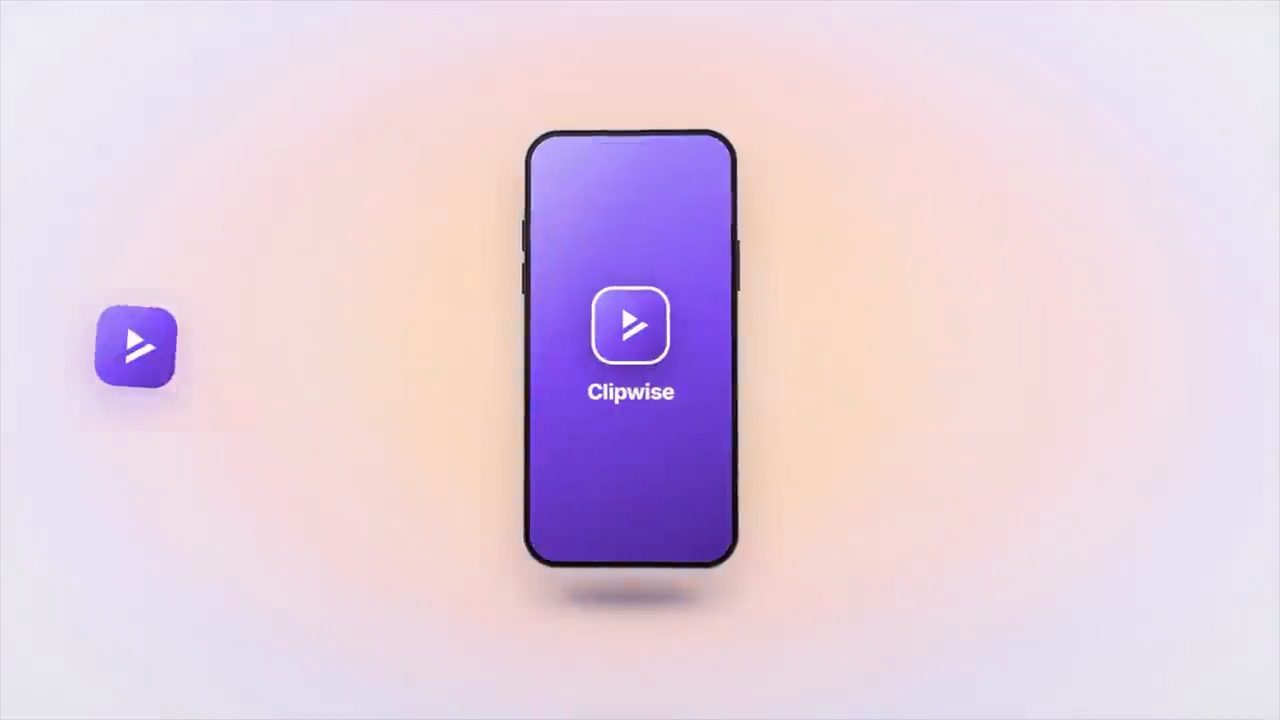 Cảnh trong quảng cáo Clipwise: điện thoại màu tím hiện logo Clipwise trên nền gradient sáng