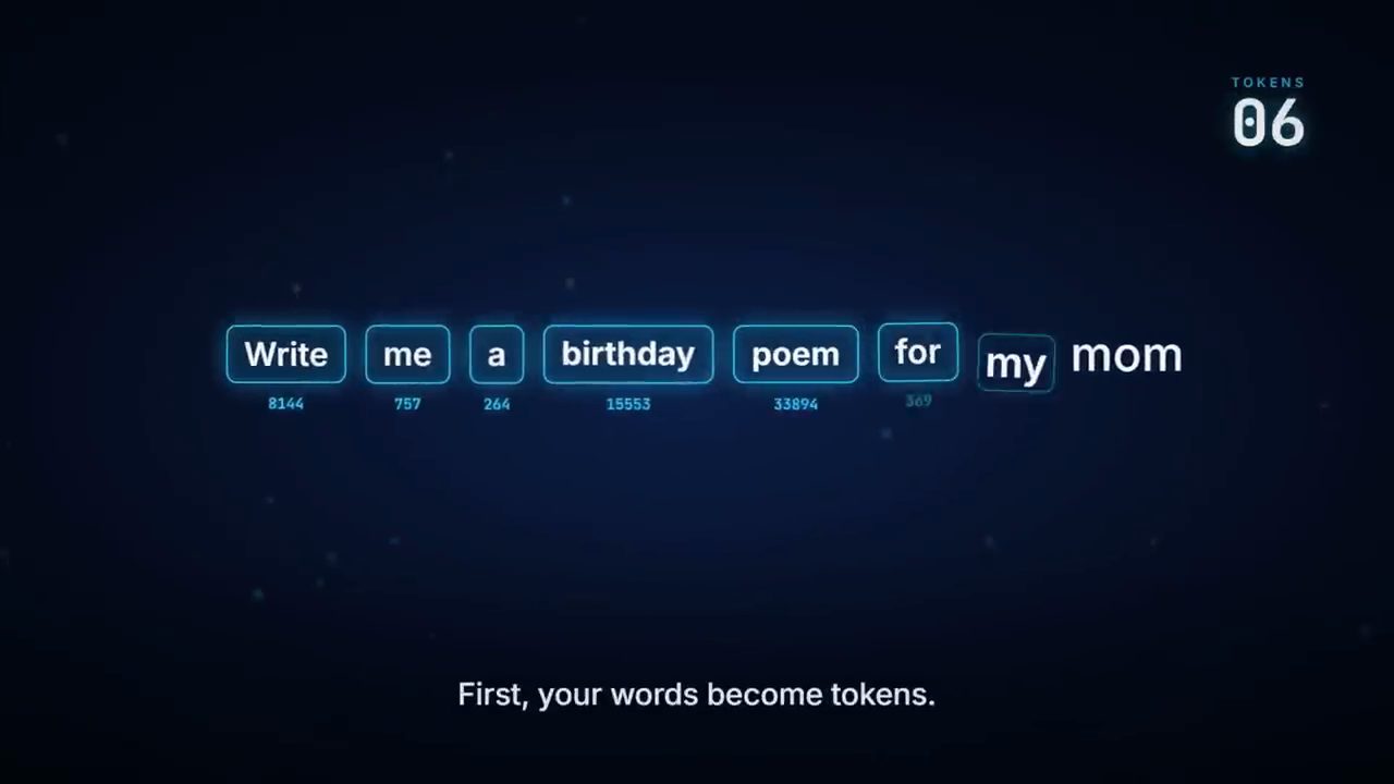 Câu Write me a birthday poem for my mom được tách thành từng token, có số id dưới mỗi token, bộ đếm TOKENS 06
