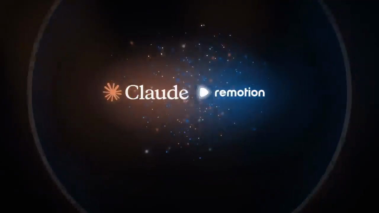 Logo Claude và logo Remotion đặt cạnh nhau giữa các hạt sáng cam và xanh