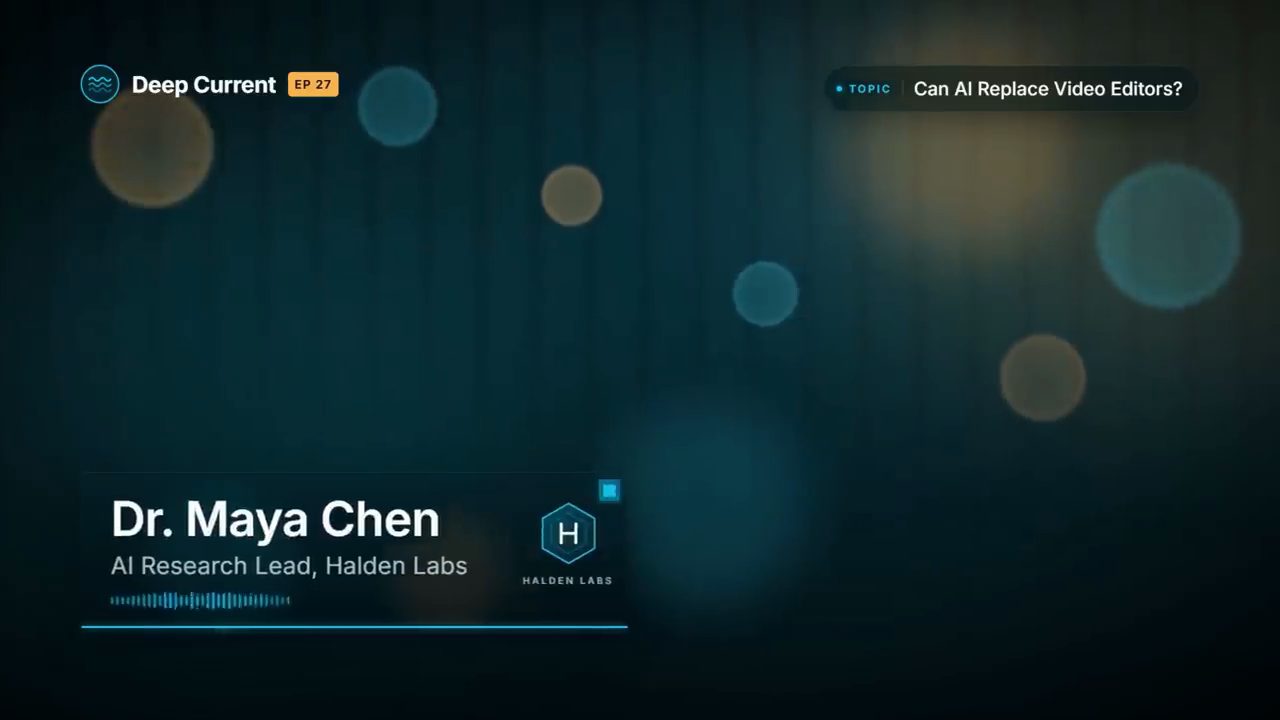 LowerThirdV2: nền podcast studio màu teal với bokeh, logo Deep Current EP 27, tag chủ đề, waveform và logo lục giác Halden Labs
