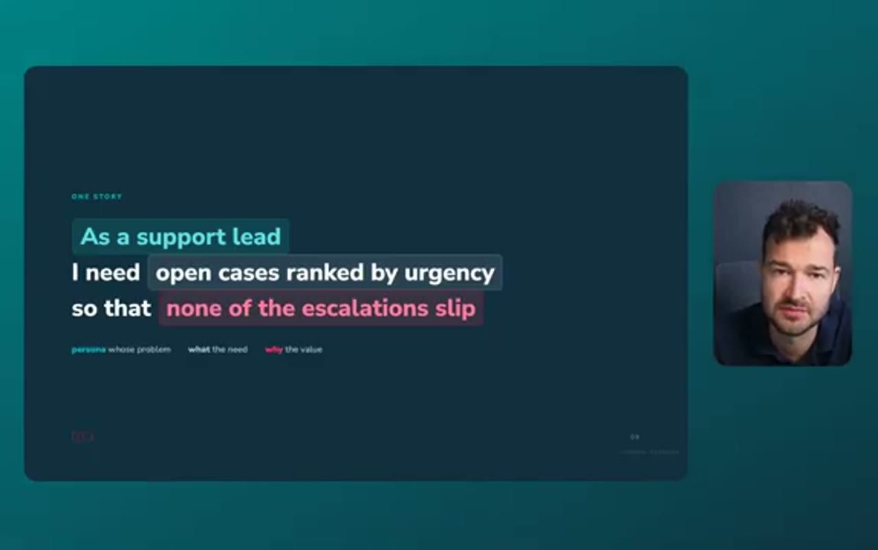 Slide One story: As a support lead, I need open cases ranked by urgency so that none of the escalations slip