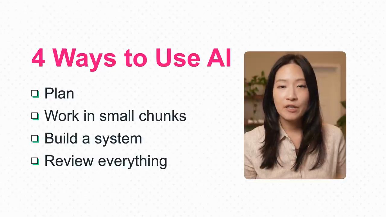 Slide 4 Ways to Use AI: Plan, Work in small chunks, Build a system, Review everything