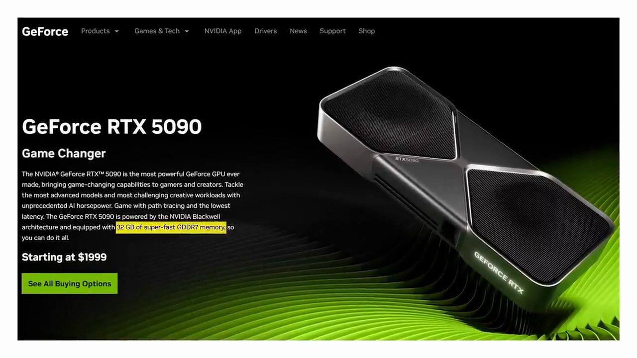 Trang sản phẩm GeForce RTX 5090 với dòng 32 GB GDDR7 memory được tô vàng