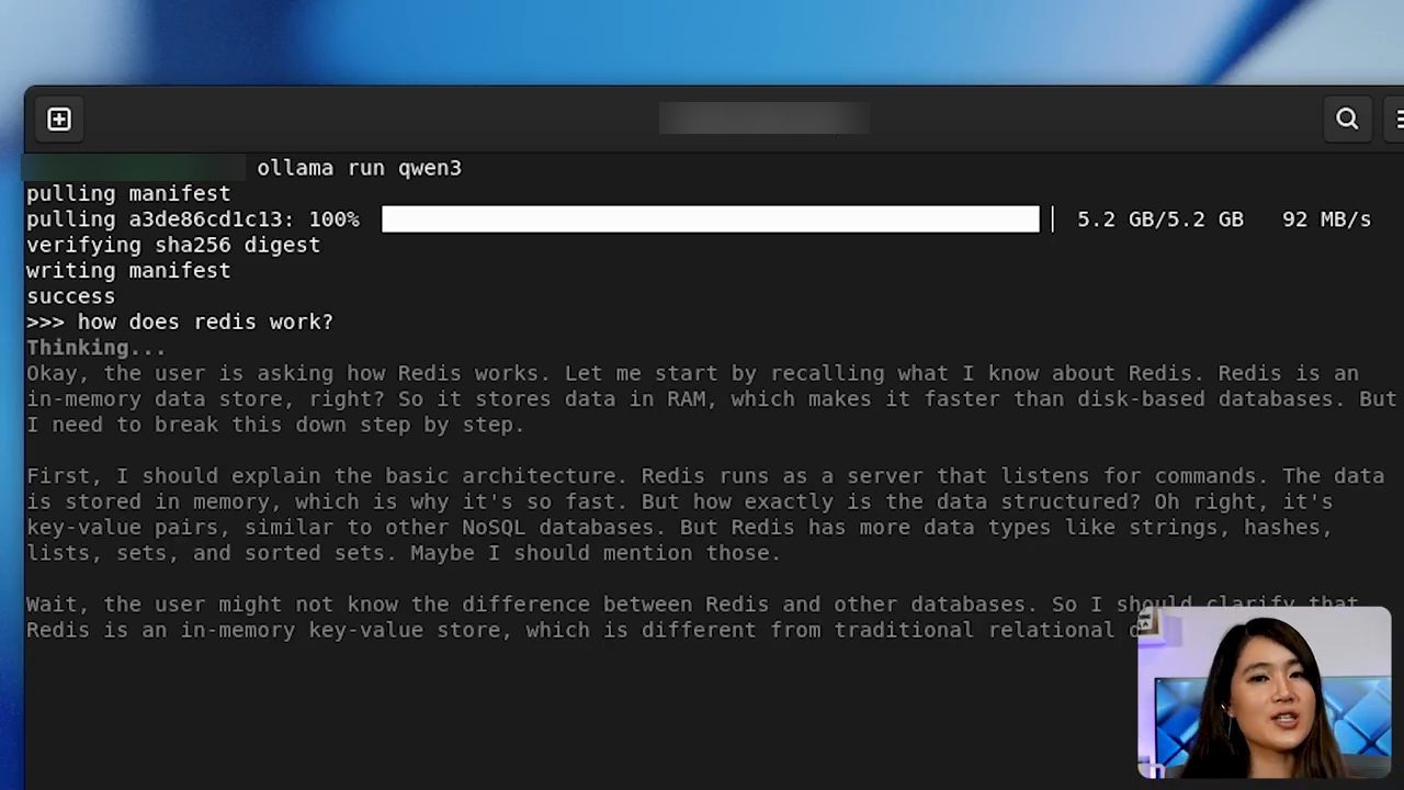 Terminal chạy ollama run qwen3, tải 5,2 GB rồi trả lời câu hỏi how does redis work