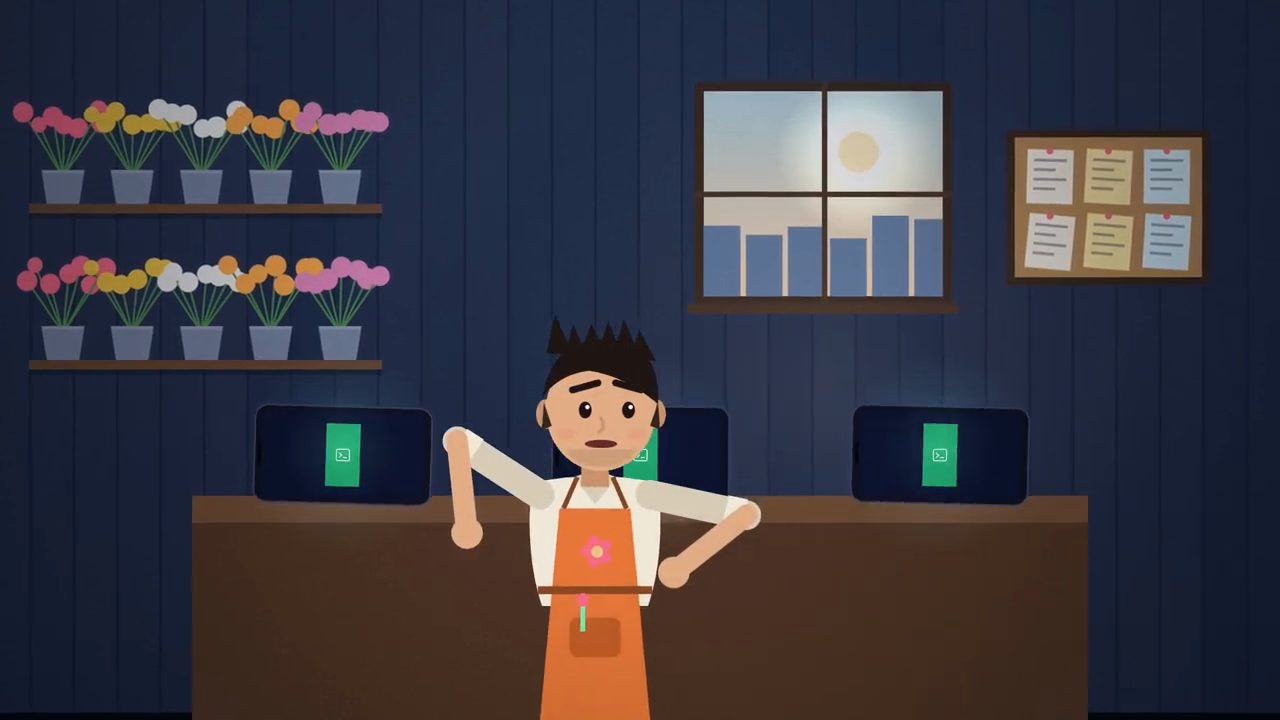 Hình hoạt hình: anh Tùng mặc tạp dề cam đứng trong tiệm hoa, sau lưng là quầy với ba chiếc điện thoại đang sáng