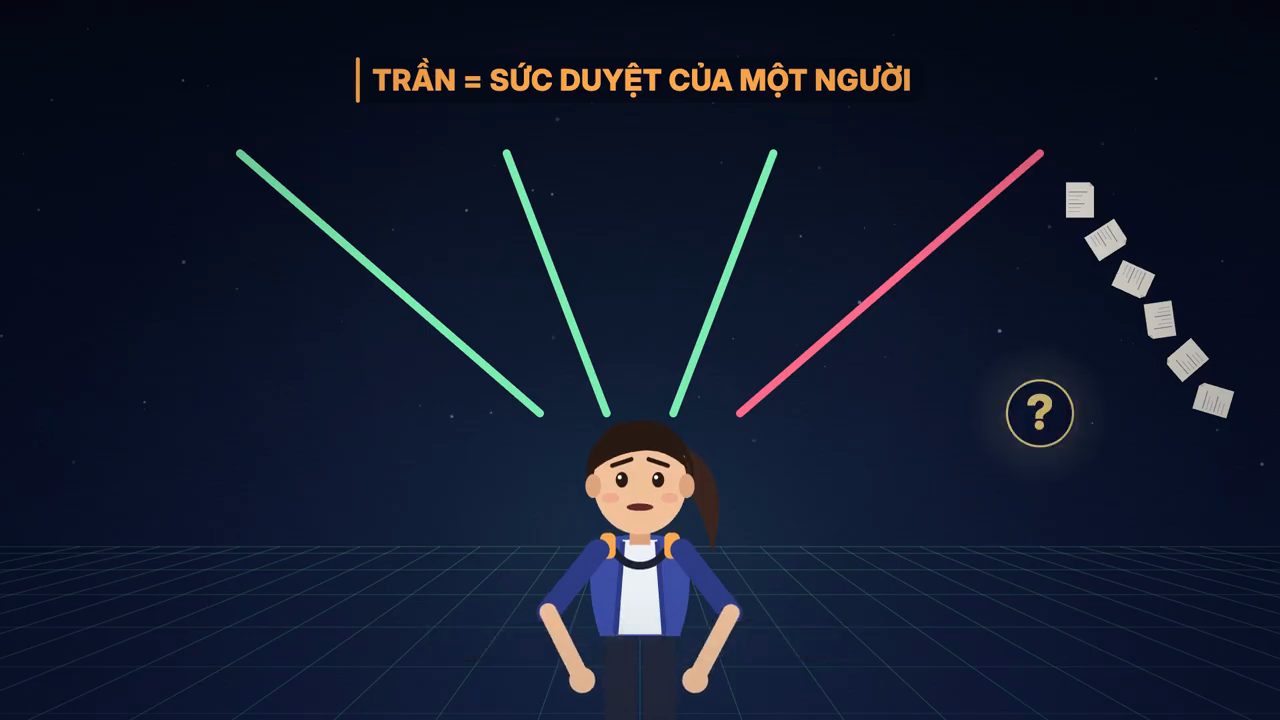 Một nhân vật với bốn vạch nối lên trên, ba vạch xanh và một vạch đỏ, giấy tờ rơi xuống; dòng chữ Trần = sức duyệt của một người