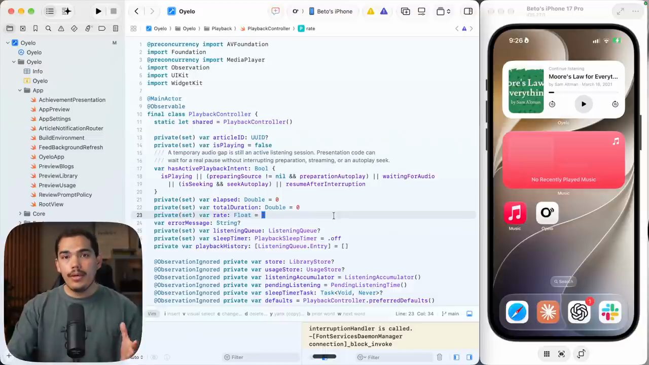 Xcode mở file PlaybackController của Oyelo, bên phải là iPhone với widget Continue listening của Oyelo và widget Apple Music